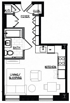Floor plan for studio, 1 bath, 395 sqft